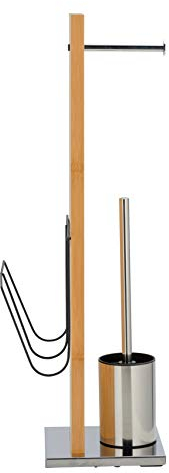 WENKO Ensemble WC sur pied Portofino avec porte-journaux, dérouleur de papier hygiénique et porte-brosse WC, en bambou véritable et acier inox, 24,5 x 68 x 22,5 cm, marron