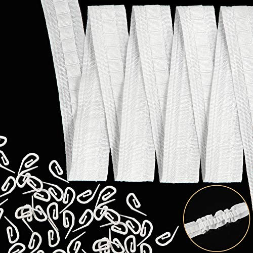 WILLBOND 10 Meters Curtain Header Tape - Pinch Pleat Tape with 100 Plastic Curtain Hooks (2.8 x 1.2 cm) - White (1 Inch)