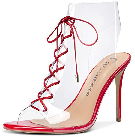 Castamere Femme Mode Sandale Transparent Lacets Aiguille Talon 10CM High Heels Rouge Chaussures EU 40