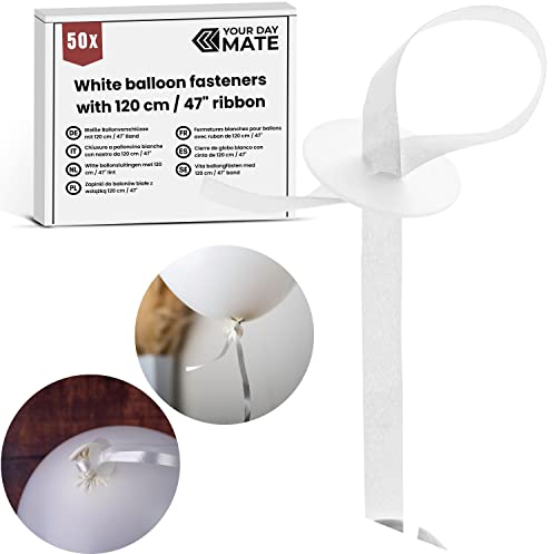 Ballonverschlüsse mit Band, 50 Pack, in Weiß, 120 cm reißfestes Polyband, Ballonband mit Schnellverschluss für Heliumballons und Luftballons, Ballongirlande, Luft Ballon Verschlüsse für Dekoration