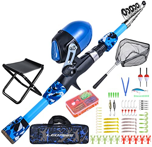 LEOFISHING 170cm/5.6ft Kids Fishing Rod Set Portable Telescopic Kids Fishing Poles with Collasible Chair Fishing Net Carrier Bag and Full Kits for Boys and GirlsBeginner and Youth (Blue)