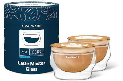 ovalware 8.5oz Double Wall Latte Cups, Latte Set of 2 - Double Wall Glasses for Cold & Hot Drink, Palm-Sized Cups with Wide Rim for Latte Art - Clear Design