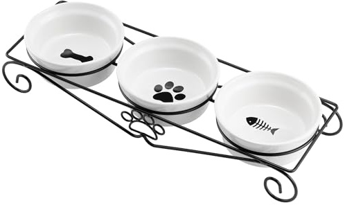 Navaris 3X Cuenco Elevado para Mascotas - Comederos y Bebedero Triple de cerámica para Perro Gato Cachorro - Cuencos elevados con Soporte de Metal - Aptos para Lavavajillas