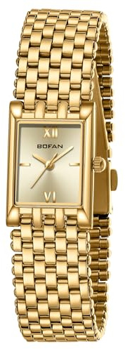 BOFAN Gold Watches for Women Luxury Ladies Quartz Wrist Watch with Stainless Steel Bracelet,Waterproof,Casual Fashion Square Dial.Band Adjustment Tool Included
