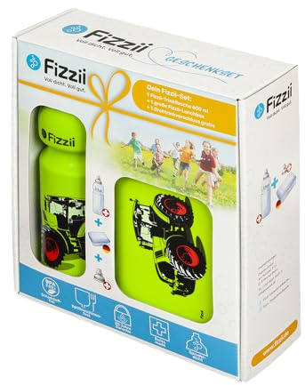 Fizzii Geschenkset Pausenset Trecker (Trinkflasche 600ml + Lunchbox + Ersatztrinkverschluss, im hochwertigen Geschenkkarton)