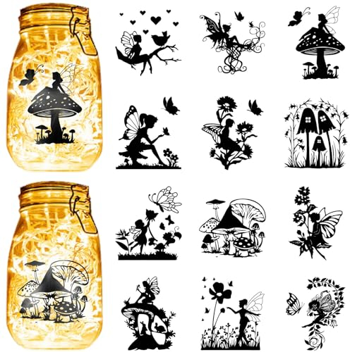 CREATCABIN 12Pcs Fairy Angel Silhouettes Mason Jar Decor Mushroom Laser Cut Cardboard Scrapbook Cutouts Die Cuts PVC for DIY Crafting Lantern Jars Wall Painting Window Glass 3.9x3.5Inch-No Sticker