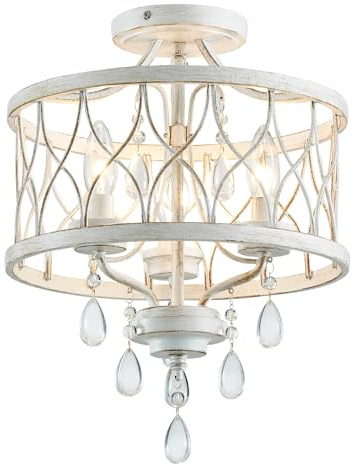 Farmhouse Crystal Ceiling Light Fixture, 3-Light Semi Flush Mount Crystal Chandelier Light Fixture Rustic Vintage White Pendant Ceiling Lamp for Hallway Corridor Kitchen Entryway Bedroom Living Room