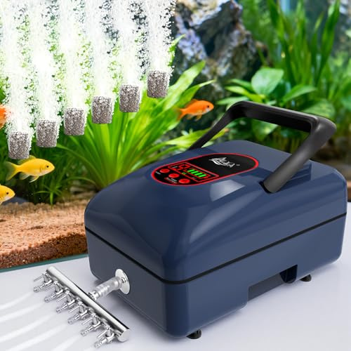 AQQA Bomba de aire para pecera, bomba de aire de acuario con batería de 1080L/H CA/CC, volumen de aire ajustable de 9 engranajes, bomba de oxígeno impermeable IPX6 para estanque de pesca al aire libre