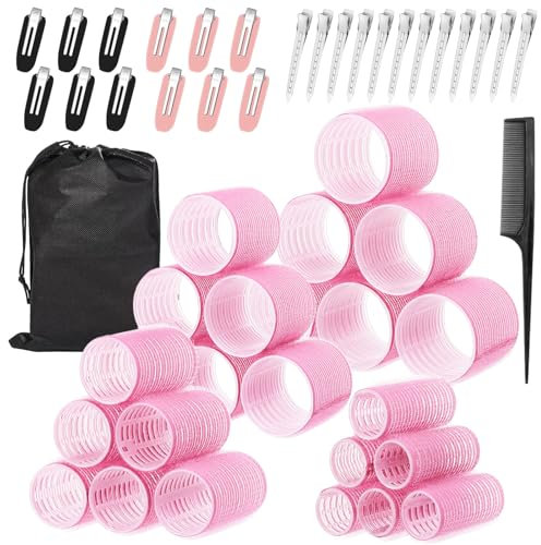 50 Stücke Lockenwickler Set,24 Stück 4 Größen (60/48/36/25mm) mit 24 Edelstahl-Clips, Lockenwickler Groß, lockenwickler Selbsthaftend Hair Rollers für Lange, Mittlere & Kurze Haare