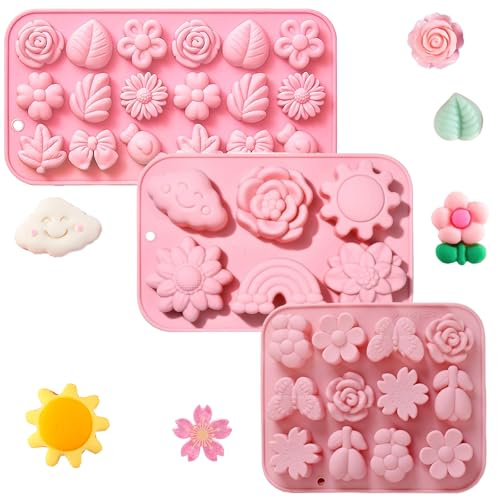 QUNXON Set med 3 silikon chokladformer - Silikon pralinform - Silikonform - Fjäril - Silikon isbitform - Silikonform - Blommor för choklad, godis, isbitar