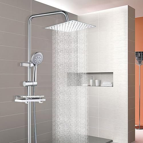Colonna doccia, miscelatore doccia con ripiano, altezza regolabile tra 82 e 123 cm, set doccia per bagno, quadrato, soffione doccia 30 x 30 cm, doccetta con 3 tipi di getto