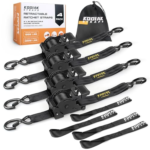 Retractable Ratchet Straps 2 x 10ft, 3,000lb Break Strength, Heavy Duty Easy Release Tie Down for Trucks, Trailers, Motorcycles, ATVs, Secure Cargo KODIAK STRAPS (Black, 4Pack)