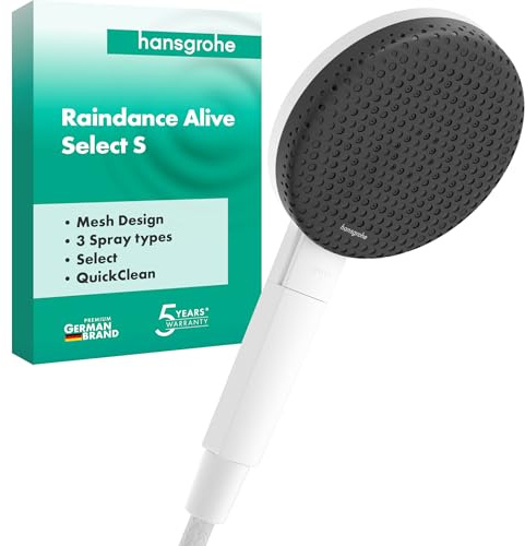 hansgrohe Raindance Alive Select S - Duschkopf, Handbrause mit 3 Strahlarten (inkl. PowderRain), runde Duschbrause (125 mm), Brausekopf mit Antikalk-Funktion, Mattweiß, 24500700