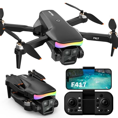 Fakjank F417 Drones Para Principiante,90°Ajust Dron Con Cámara HD 1080P,5G Wifi,Tira LED Motor Sin Escobillas,Video En Vivo Quadcopter RC Plegable Para Adulto,One Touch Despegue/Aterrizaje