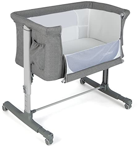 COSTWAY Culla Neonato Fianco Letto 3 in 1, Lettino Dondolo Neonati con Materasso, Culla da Campeggio con Ruote e Borsa, Regolabile In Altezza, Inclinazione di 10°, per Bambini 0-6 Mesi (Grigio)