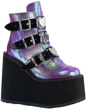 Botas de tobillo punk góticas para mujer, botas de motocicleta, botas de plataforma, botas de cuña para otoño, cinturón redondo, Lolita Punk, Purple, 39 EU