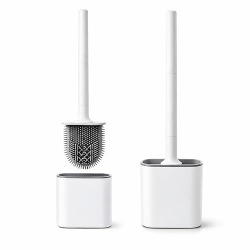 Toilet Brush 2 Pack, Silicone Bathroom Toilet Brush and Holder Set with Soft Flexible TPR Bristles, Long No-Slip Handle, Ventilated Quick-Dry Base and Removable Drip Tray (White)