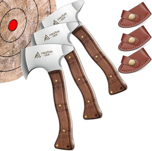 Freelander 7.9'' Throwing Axe Set with Leather Sheath, 3 Pack High Carbon Stainless Steel Small Throwing Axes Hatchet for Adults, Men & Women, Ergonomic Wood Handle for Competition and Recreation