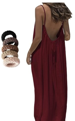 INLANDSIS Robe caraco dos nu pour femme, robe d'été décontractée à manches longues dos nu pour la plage bretelles spaghetti avec nœud dans le dos, Rouge, S