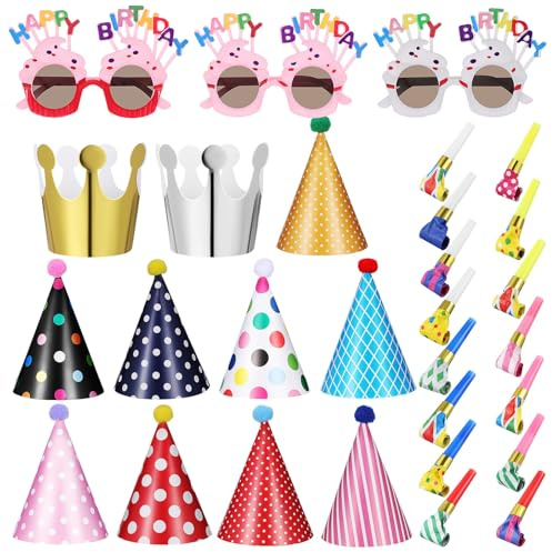 minkissy 11 Sombreros de Cono, 15 Silbatos de Fiesta y Matracas, 3 Gafas de Sol Divertidas, Accesorios Ligeros y Portátiles para Celebraciones y Fotos