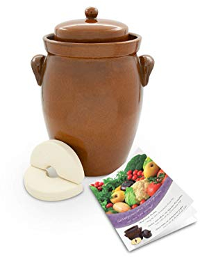 KERAZO Gärtopf 7 Liter aus Steinzeug Keramik inklusive Deckel + Stein + Anleitung [Form 2] BRAUN - Gurkentopf Einlegetopf Rumtopf Fermentation