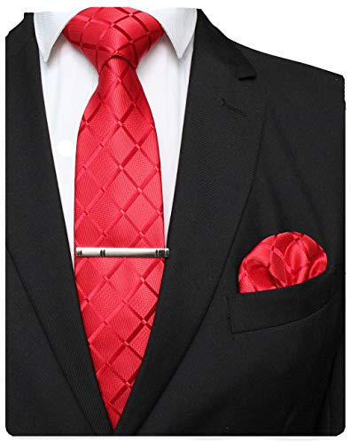 JEMYGINS Cravatta Uomo Rosso in Seta Scacchi in Diversi Colori con Fazzoletto e Fermacravatta