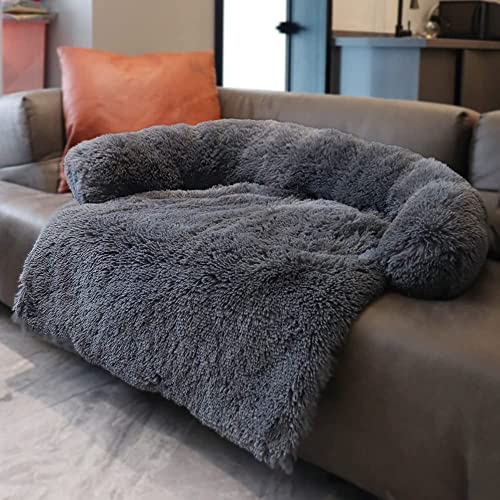 Danchen Lugnande hundsäng i plysch, lyxig hundmatta, soffpäls, kattsoffa, husdjurssoffa, möbelskydd med halkfri botten, tvättbar mjuk varm hundkudde, 3XL-130 x 105 x 18 cm, mörkgrå
