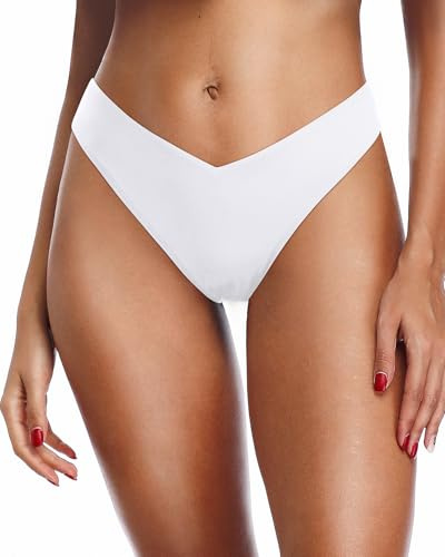 Zmart Women Cheeky Bikini Bottoms V Cut Swim Bottom High Cut Swimsuit Low Waist Low Rise Bathing Suit White S