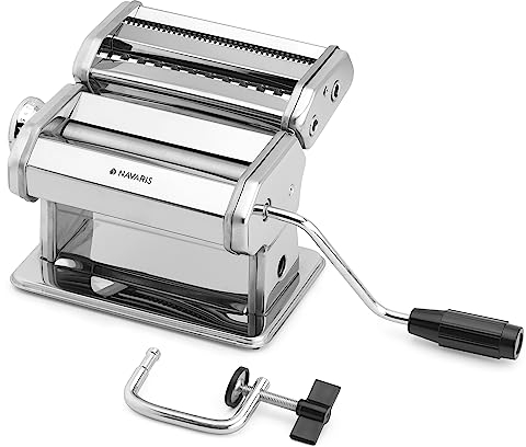 Navaris Macchina per la Pasta - Macchina Pasta Fresca Manuale - 9 Spessori Regolabili da 0,5 a 3 mm - 2 Larghezze 2 o 6,6 mm - per Spaghetti Fettuccine Lasagne - Acciaio Inox