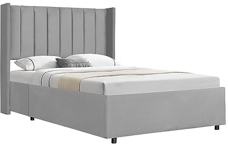 Juskys Polsterbett Savona 120x200 cm, Bett mit Stauraum, Lattenrost, Samt-Bezug, Bettgestell aus Holz, bis 250 kg, großes Kopfteil, Hellgrau