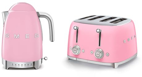 Smeg EEJB130 Jug Kettle with 7 Temperature Settings , 3KW, 1.7L & 4 Slice Toaster, Extra Wide Slots, Pink KLF04PKUK/TSF03PKUK