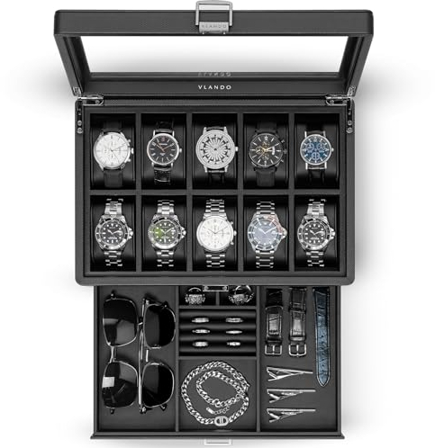 Vlando Scatola per orologi da uomo, con 10 orologi, con chiusura a 2 livelli, coperchio in vetro temperato, cassa per orologi con cassetto, cofanetto per orologi, portagioie