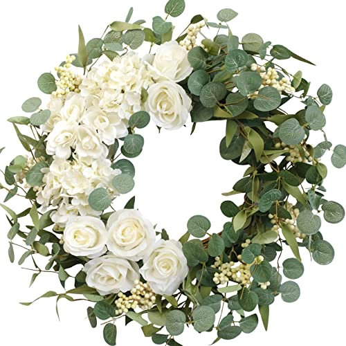 CIR OASES 20 Hydrangeas Spring Wreath for Front Door, Artificial Summer Green Wreaths with White Peony Flowers for Farmhouse Home Wedding Party Wall Windows Outdoor Decor（White）