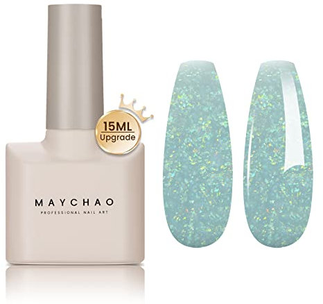 MAYCHAO Glitter Gel Nail Polish, 15ML Mermaid Green Gel Polish, Soak Off UV LED Green Glitter Nail Varnish Nail Art Starter Manicure Salon DIY at Home, 0.5 OZ