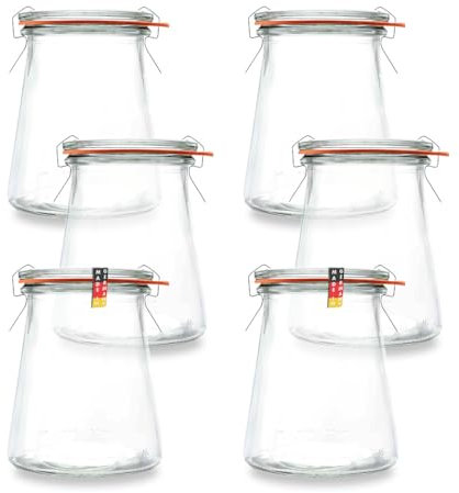 BAUER Flaschenbauer - Lot de 6 bocaux trapézoïdaux de 280 ml - Convient comme bocal de conservation et de fermentation - Pour le rangement, à remplir - Bocaux vides avec étrier métallique - Fabriqué