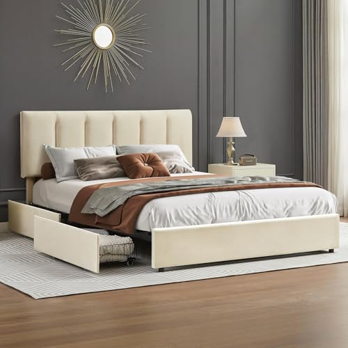 VECELO Lit Double Rembourré 140 x 190 cm avec 4 Tiroirs et, Tissu Velours, Support à Lattes en Bois Solide, Tête de Lit Réglable en Hauteur, Facile à Assembler, Beige