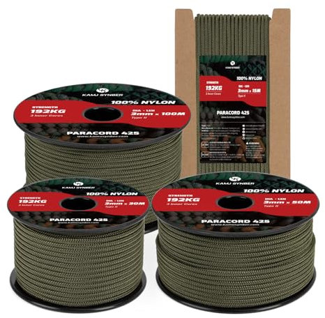 Kamu Synber Paracord 3mm x 15m 100% Nylon Cuerda Paracord 425 Tipo II 3 Hebras Cuerda Resistente para Todo Uso, Exterior, Bricolaje | Soporta 192kg | Verde Militar