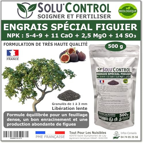 Engrais Spécial Figuier 500 g - SoluControl - NPK 5-4-9 - Croissance et Fructification - Riche en Calcium et Magnésium - Sachet Zip Refermable - Utilisable en Agriculture Biologique