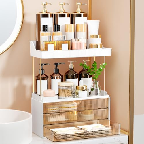 OrderlyGo Organiseur de maquillage - Mise à niveau à 2 étages et 3 tiroirs - Grand coffret vanité polyvalent - Range salle de bain exquis - Organiseur de coiffeuse - Ambre