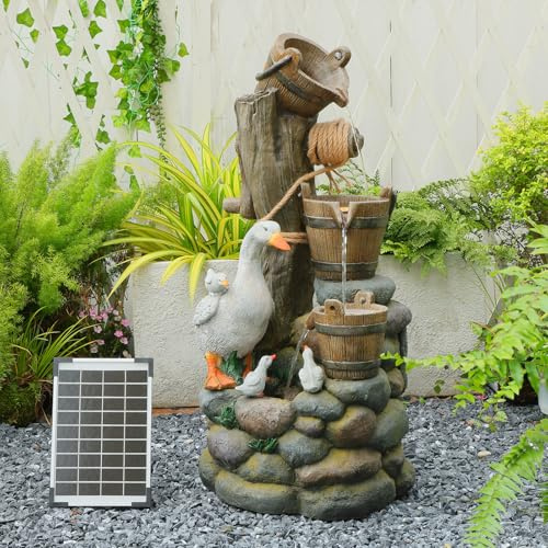 Bumilgar 81 CM Solar Outdoor Garden Water features, 3 Tier Cascading Barrels Duck Waterfall Fountain with Lights for Garden, Patio, Backyard, Deck, Porch and Home Art Decor