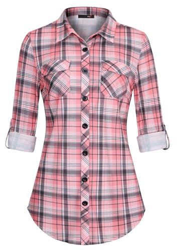 DJT Womens Soft Stretchy Knit Checked Shirts Roll Up Long Sleeve Button Down Collared Ladies Blouses Work Tops Pink XL