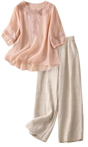 Co Ord Set för kvinnor sommar rund hals 3/4 ärm toppar och hög elastisk midja breda ben byxor linnebyxor passar två delar bomull linne set strandkläder sommar hemkläder set