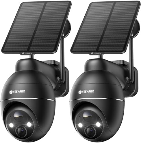 YESKANO Telecamera Wi-Fi Esterno Senza Fili Con Pannello Solare, 360° PTZ Videocamera Sorveglianza A Batteria, Visione Notturna A Colori, Rilevamento Umano/PIR con Allarme, 2 Vie Audio, 2.4GHz-2PZ