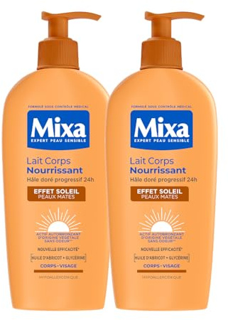 Mixa - Lot de 2 Autobronzant - Lait Corps Effet Soleil peaux mates 250ml - Hâle Doré Naturel Progressif et Uniforme