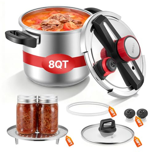 VEVOR Olla a Presión 7 L, de Acero Inoxidable, con Rejilla para Cocinar al Vapor, Tapa de Vidrio Templado, Tres Configuraciones de Presión para Carne, Frijoles, Arroz, 365 x 240 x 265/255 mm