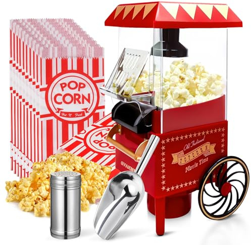 GVAKMM Popcorn Machine, Hot Air Popcorn Maker Kit Gift Box, Portable Home Popcorn Popper Machine, 10-Cup,Oil-Free,Retro Style,Compact and Cute