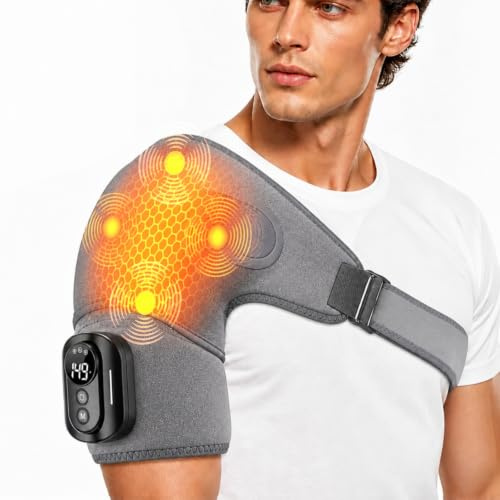 Triple Method axelmassageapparat med värme och vibrationer, 5 värmenivåer och 5 lägen, 5 000 mAh, magnetisk separation, justerbar, andningsaktiv – testvinnare axelmassageapparat (grå)