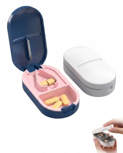 BTACGWP Cortador y Partidor de Pastillas, 2 Piezas (2 Colores), Divisor Exacto en 2 y 4, Portátil para Viajes con Corte Seguro para Adultos y Mascotas