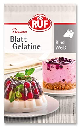 RUF Blatt Gelatine Rind, halal-zertifiziert, 100% Rindergelatine, Halal Food, Bindung von Torten, Desserts und Halal Süßigkeiten, glutenfrei, 12 Blätter
