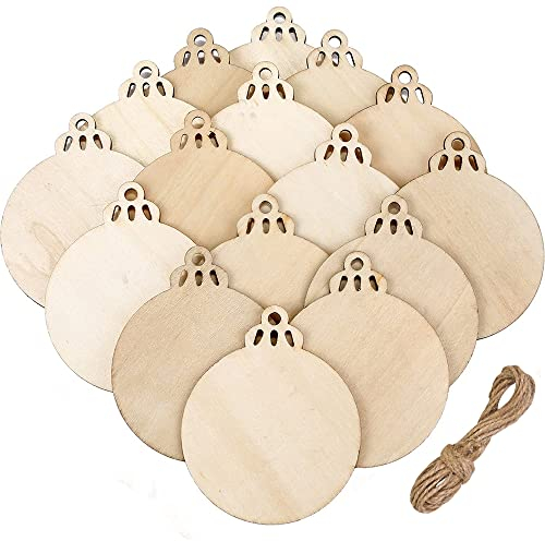 20 Pieces Christmas Wooden Baubles Round Wood Slices Wood Disc Hanging Ornaments Baubles for DIY Crafts Christmas Tree Decoration